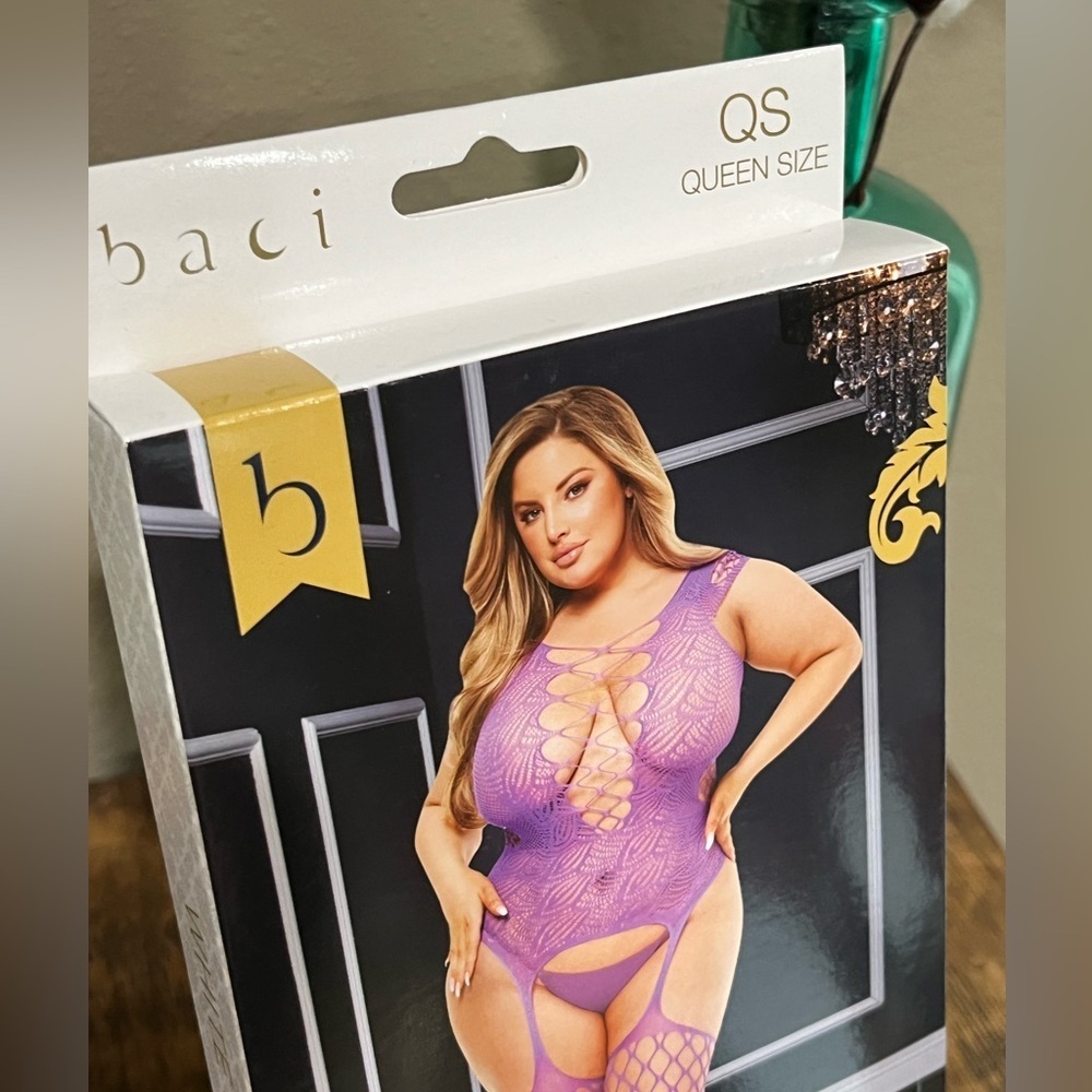 Baci Corset Front Suspender Fishnet Bodystocking in purple, new! - Picture 2 of 7